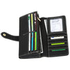 Black PU leather clutch wallet with multiple card slots and RFID protection features