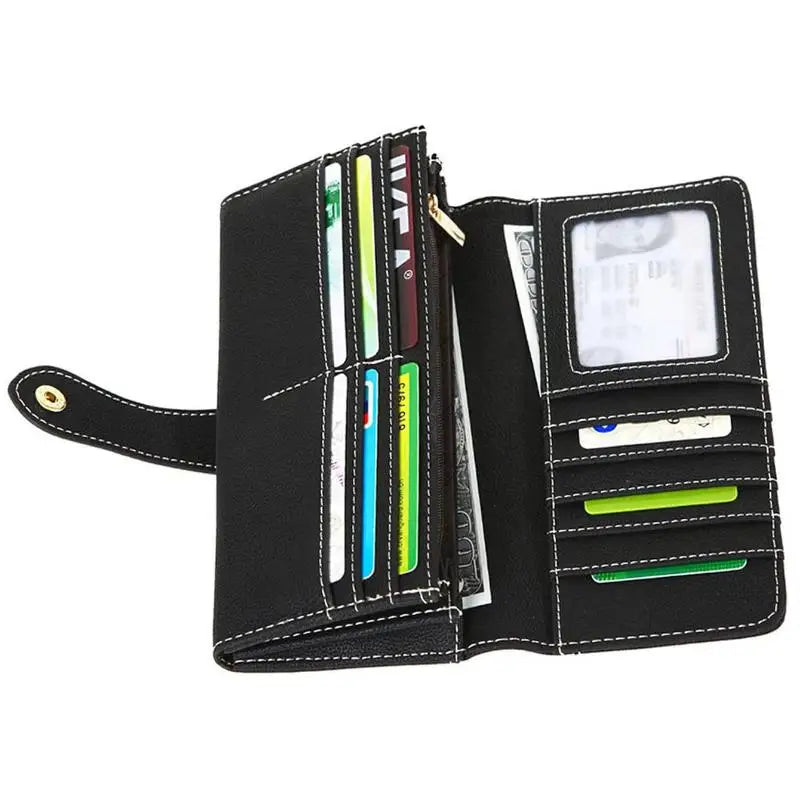 Black PU leather clutch wallet with multiple card slots and RFID protection features