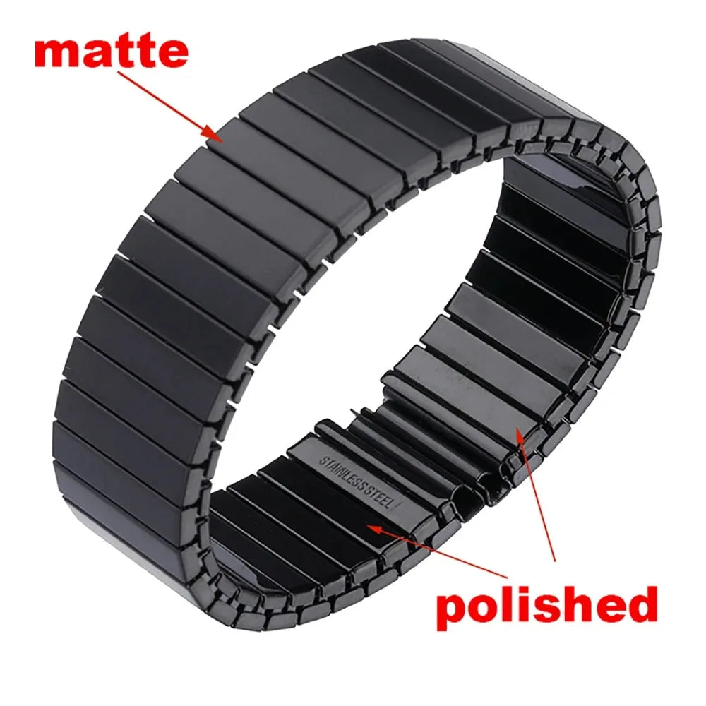 A close-up view of a black polished stainless steel watch band with matte finish texture.