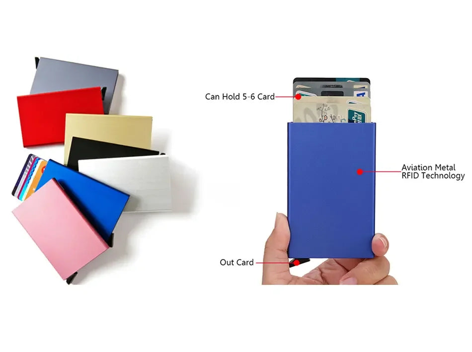 Tarjeta de crédito e identificación delgada azul junto a varias tarjetas de colores, mostrando su capacidad para guardar 5-6 