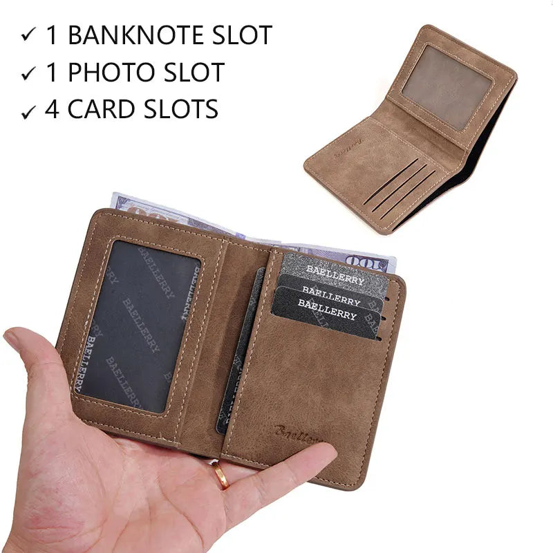 A brown leather bifold wallet is shown with slots for banknotes, photos, and cards.