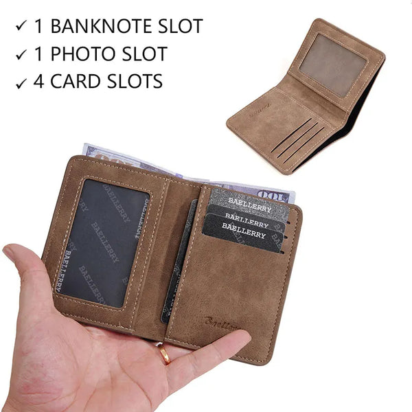 A brown leather bifold wallet is shown with slots for banknotes, photos, and cards.