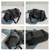 A black versatile oxford cloth travel tote bag shown in various angles against a white background.
