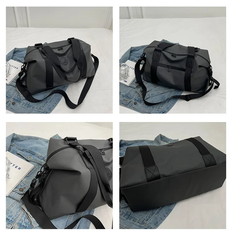A black versatile oxford cloth travel tote bag shown in various angles against a white background.