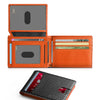 An orange RFID protection trifold wallet is shown open and a folded version lying on a white background.