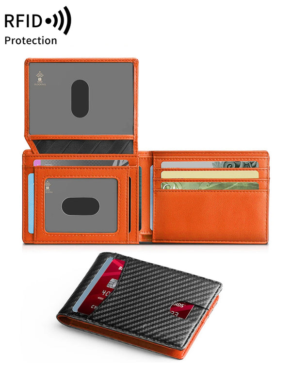An orange RFID protection trifold wallet is shown open and a folded version lying on a white background.