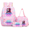 Pink backpack set featuring a main backpack and a matching pouch with a star pattern and graphic design