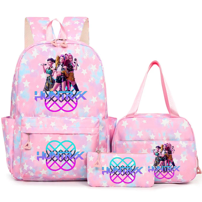 Pink backpack set featuring a main backpack and a matching pouch with a star pattern and graphic design