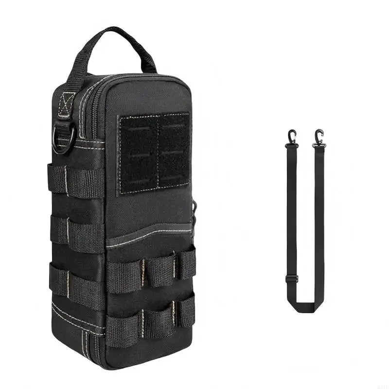 Black tactical shoulder tool pouch with adjustable strap and multiple webbing features