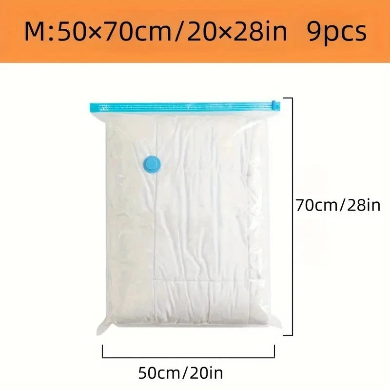 White reusable vacuum compression storage bag with a blue marker on the front
