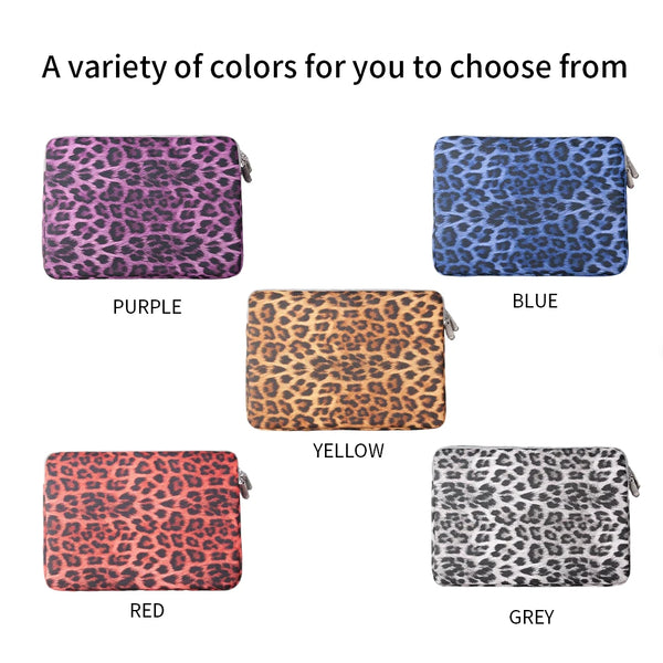 A variety of leopard print laptop sleeves in purple, blue, yellow, red, and grey colors.