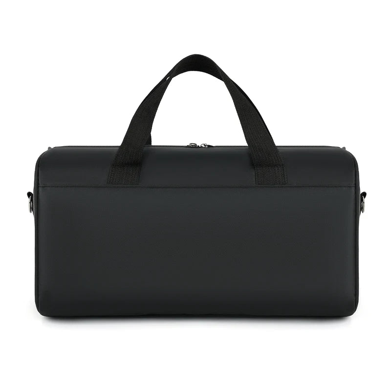 Black unisex travel backpack with black straps and a zippered closure.