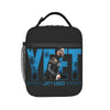 Black lunch bag featuring a vintage print of a man with sunglasses and palm trees, with the text YET JEY USO.