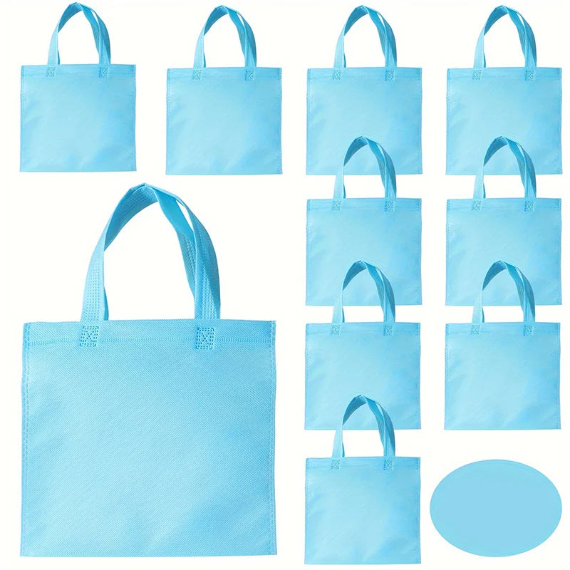 A set of light blue non-woven tote bags with handles, displayed in various sizes.