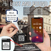A hand holds a keychain tag with a QR code and a smartphone displaying contact information for Bella.