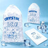 Clear drawstring bag of crystal ice cubes and loose ice cubes on a blue surface