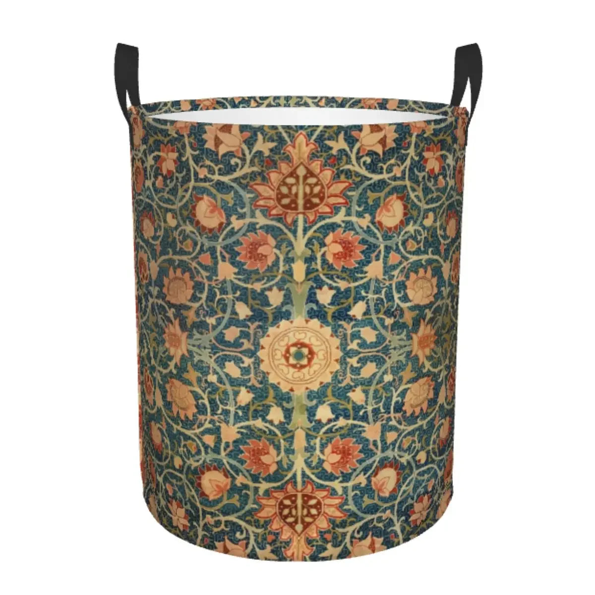 A vintage floral laundry hamper made of fabric with dark handles.
