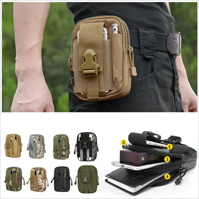 A tactical EDC waist pouch belt is shown with various tools and a phone inside, worn on a dark shirt.