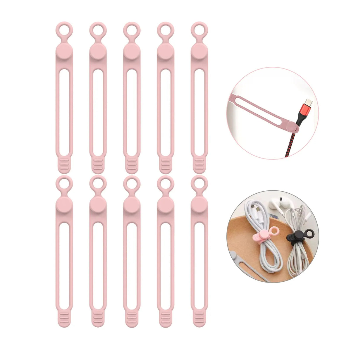 A set of pink silicone cable ties and cord organizers shown in various sizes and angles.