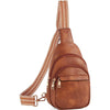 A brown PU leather chest sling bag with a woven strap and gold-toned hardware.