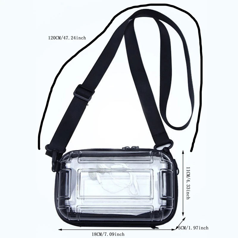 A clear plastic shoulder crossbody cosmetic bag with black straps and a rectangular design.