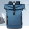A blue waterproof business laptop backpack with multiple compartments shown from the back view.