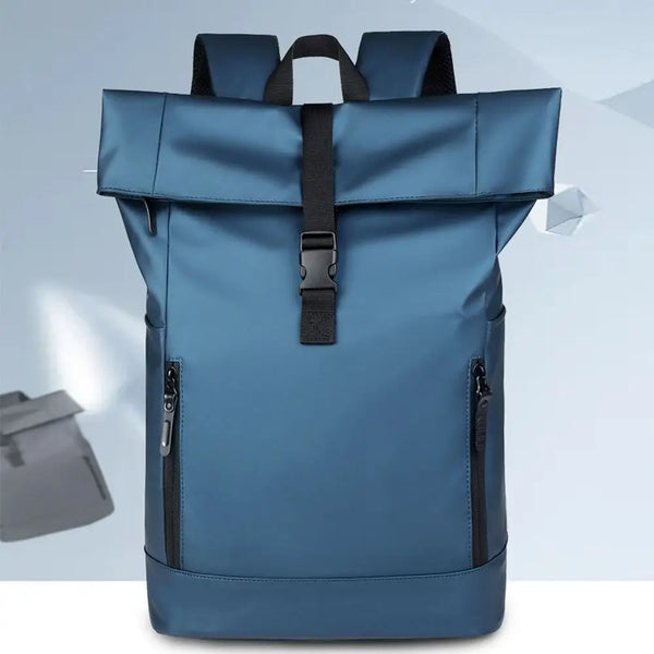 A blue waterproof business laptop backpack with multiple compartments shown from the back view.