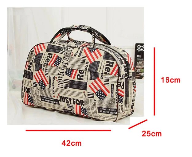A patterned PU leather travel duffel bag with handles shown in a side view.