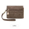 A brown retro PU leather double fold wallet with a gold zipper and leather strap.