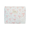A light blue quilted cosmetic bag with pink ribbon embroidery and a tag reading today mood feel the warm.