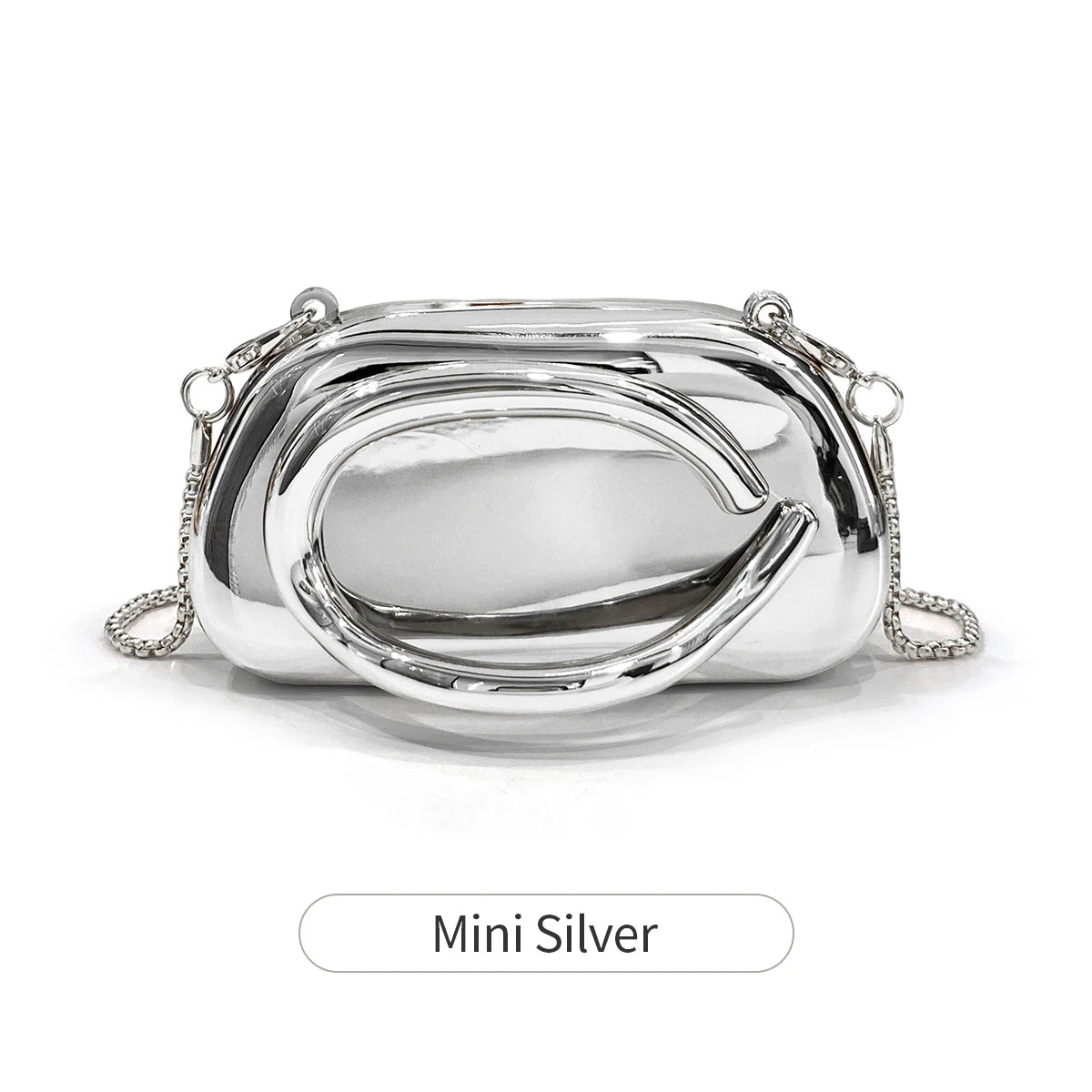 A small silver metal clutch bag shown against a white background.