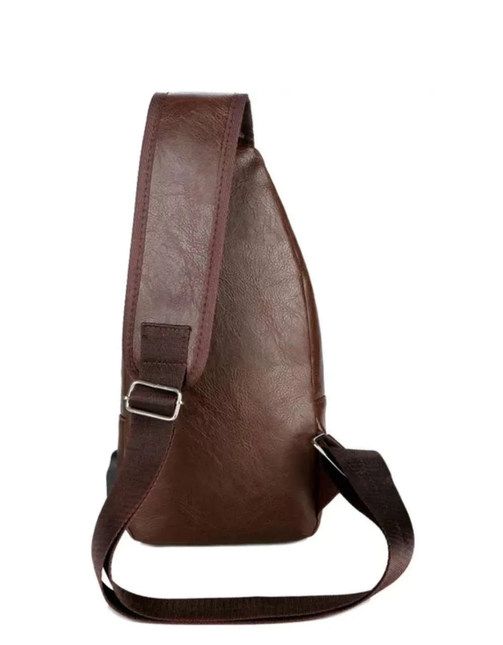 A brown leather men's casual crossbody chest bag with a strap and USB charging port.