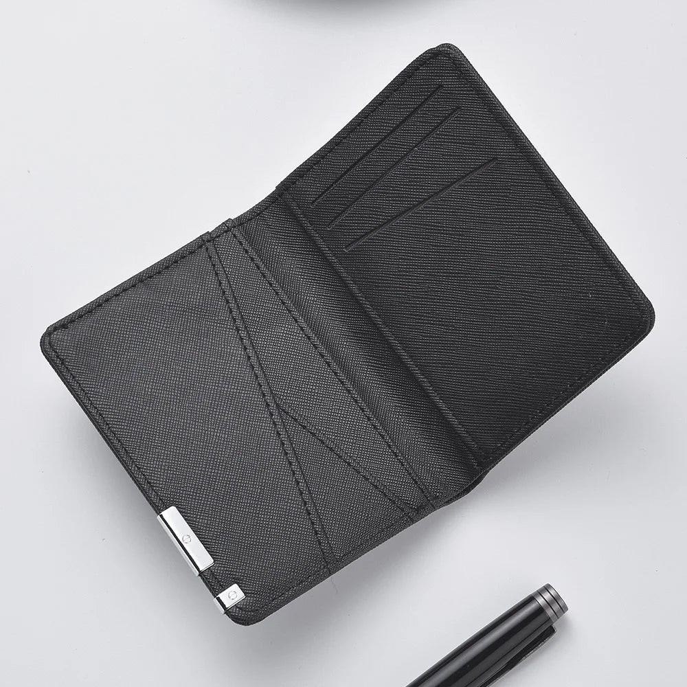 A black slim faux leather business card wallet shown from above.