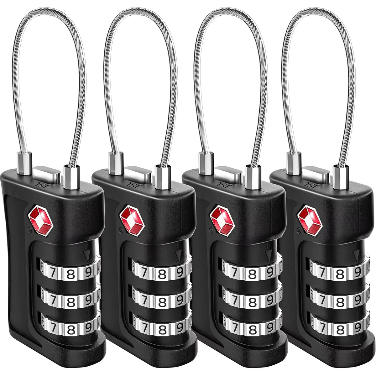 Three black TSA compatible 3-digit travel locks with metal hooks and numbered dials