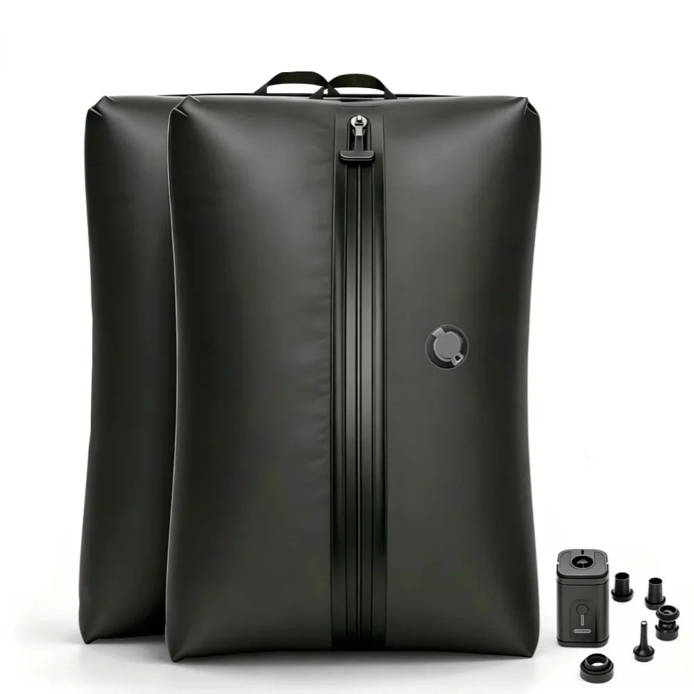 A black TPU vacuum storage bag with a zipper is shown next to other bags and accessories.