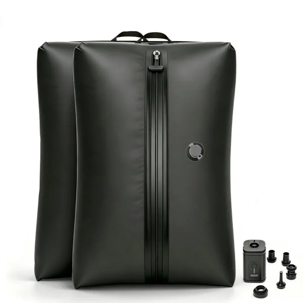 A black TPU vacuum storage bag with a zipper is shown next to other bags and accessories.