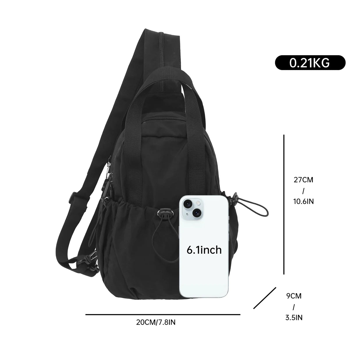 Black casual backpack featuring a laptop compartment and a smartphone for display.