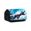 A black pencil case featuring a dinosaur graphic against a blue sky background.