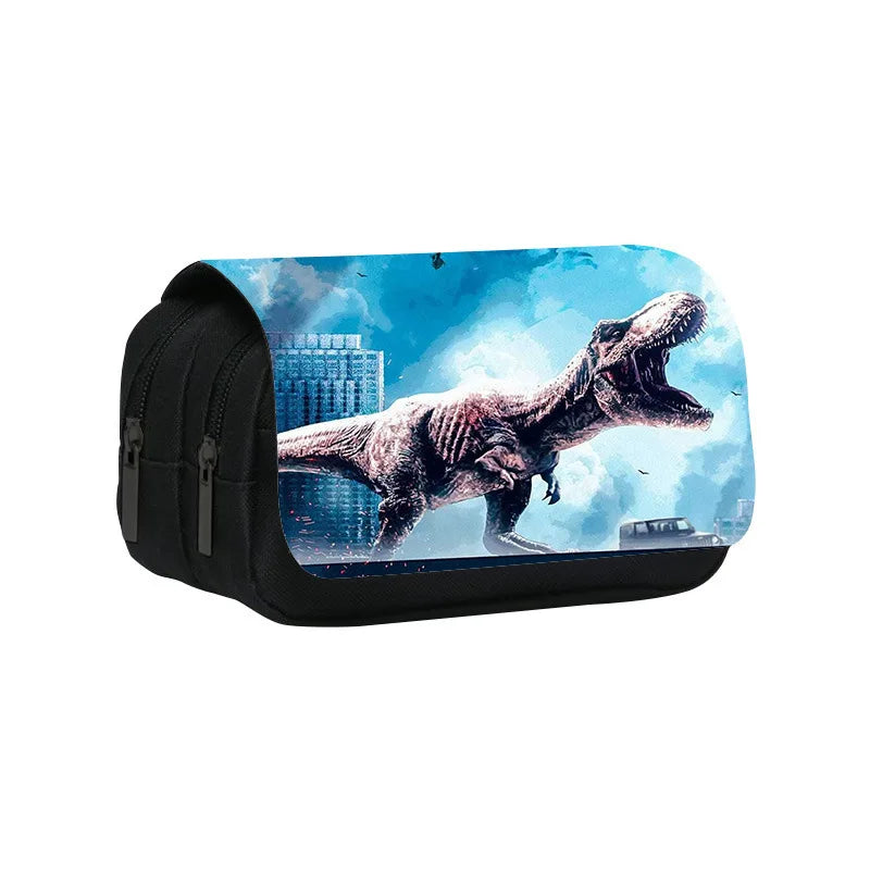 A black pencil case featuring a dinosaur graphic against a blue sky background.