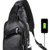 Black men's casual crossbody chest bag with a visible USB charging port