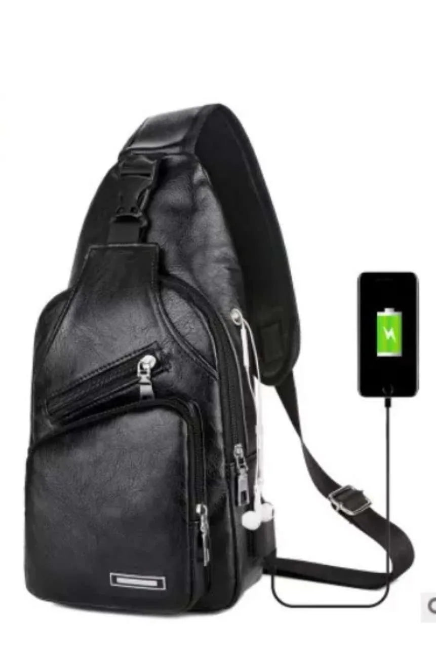 Black men's casual crossbody chest bag with a visible USB charging port