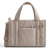 A beige quilted lightweight crossbody tote bag with a handle and flap pocket.