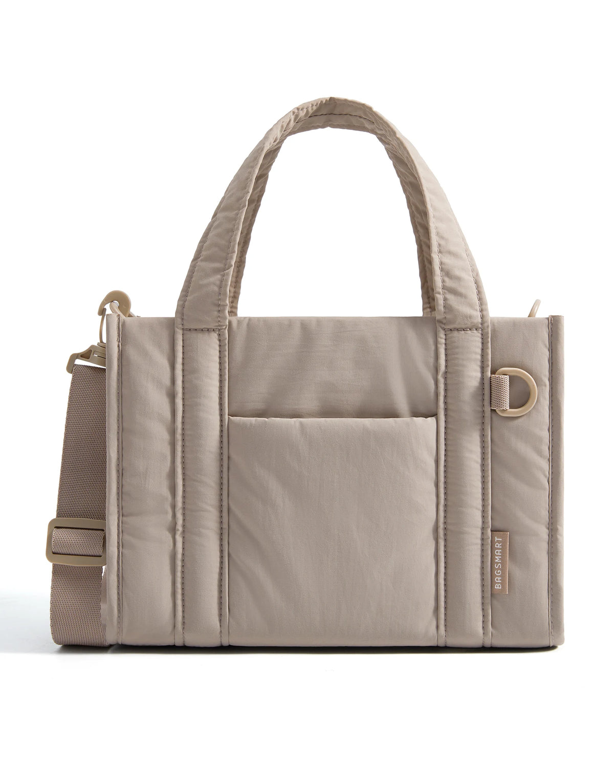A beige quilted lightweight crossbody tote bag with a handle and flap pocket.