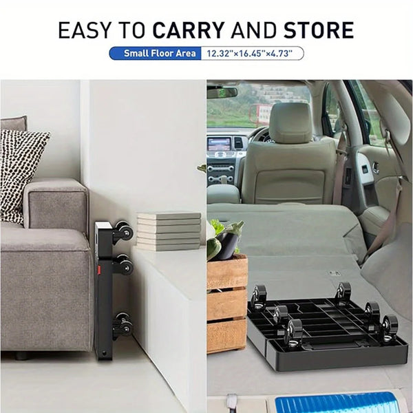 A heavy duty folding hand truck luggage cart is shown on a car floor, ready for transport.