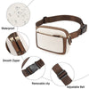 A brown and cream PU leather crossbody waist bag with a smooth zipper and removable clip on an adjustable belt.