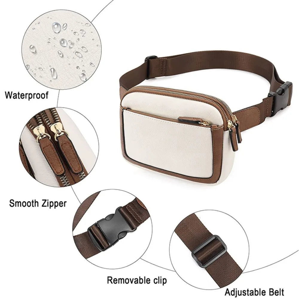 A brown and cream PU leather crossbody waist bag with a smooth zipper and removable clip on an adjustable belt.