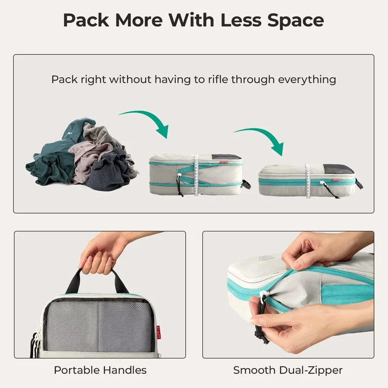 A set of expandable compression packing cubes shown being packed and featuring portable handles and a smooth dual-zipper.