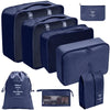A set of dark blue fabric storage organizers and a matching drawstring bag for keeping items organized