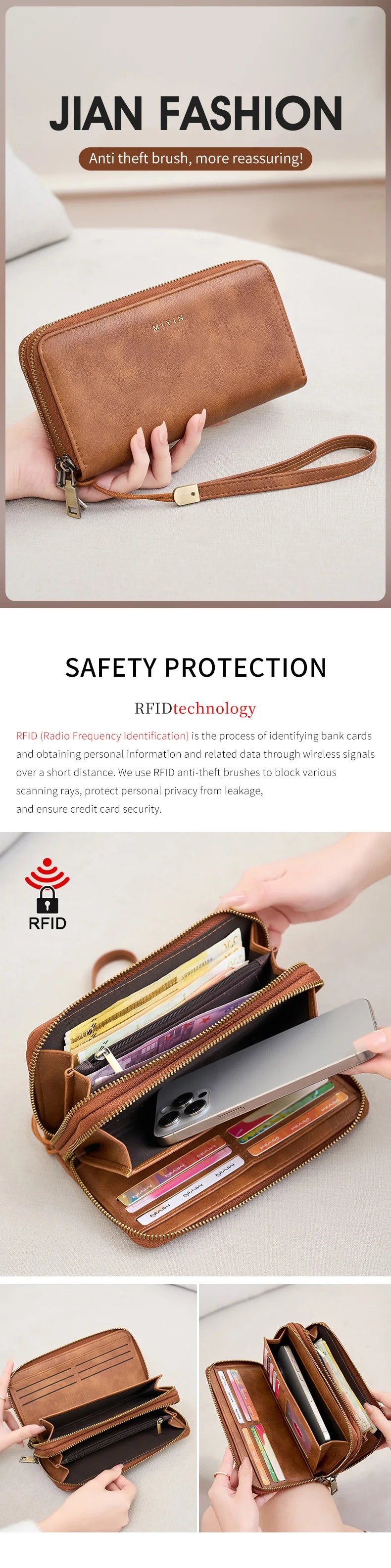 A brown leather double-zipper wallet is shown open, displaying cards and cash, with a hand holding it.