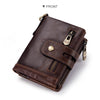 A brown genuine leather bifold wallet with a double zipper and RFID protection shown from the front.